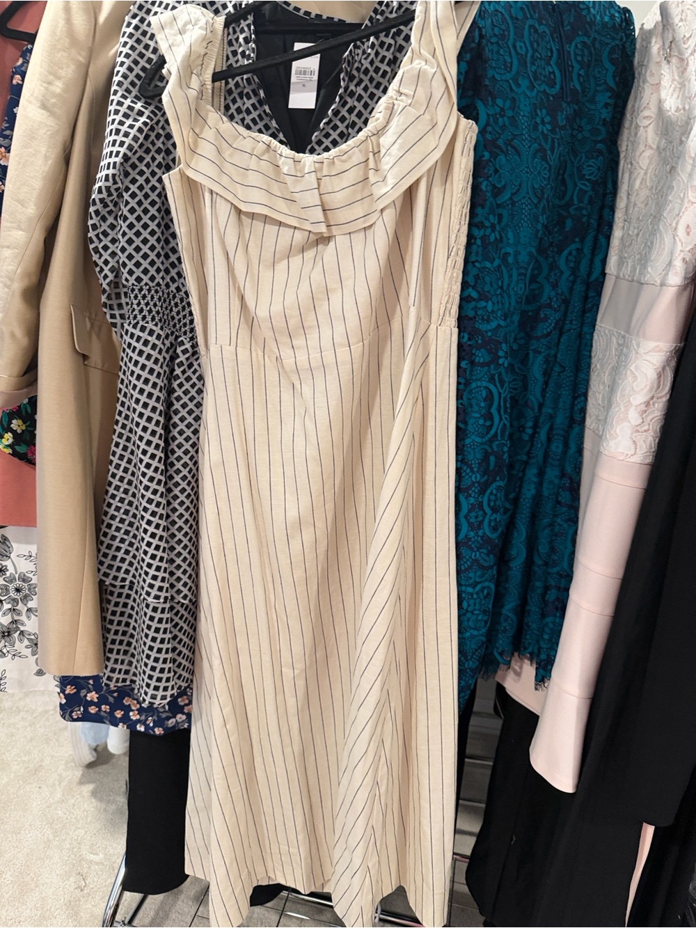 Ann Taylor Cream Midi Dress with Thin Black Pinstripes